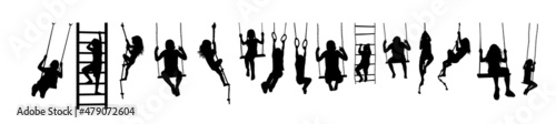 Children ride on swings, on rings, climb on a tightrope. Vector illustration