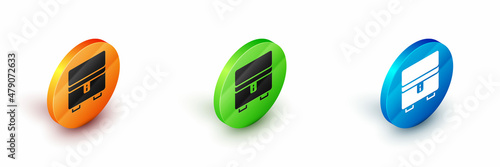 Isometric Jewelry box icon isolated on white background. Casket with jewelry. Circle button. Vector