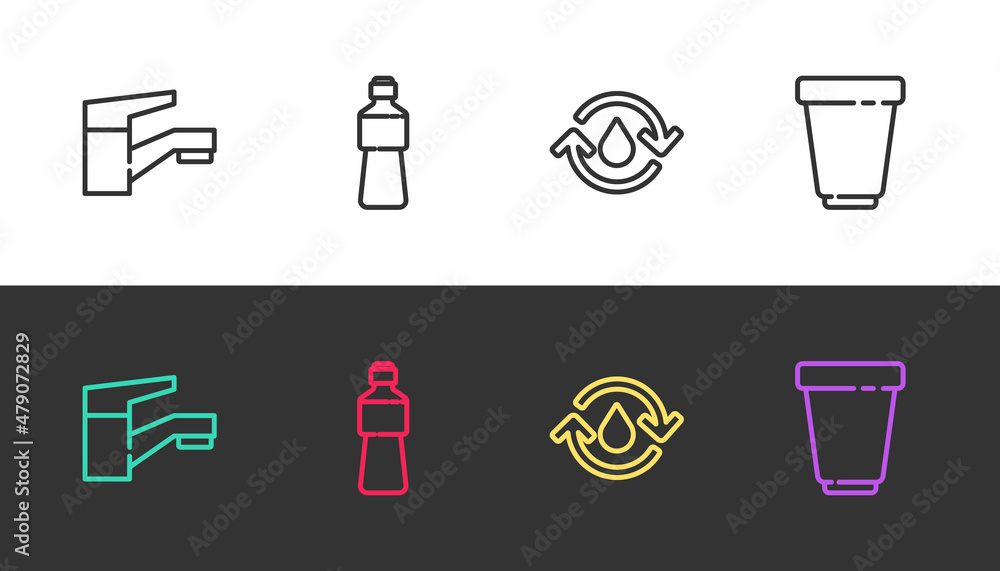 Set line Water tap, Bottle of water, Recycle clean aqua and filter cartridge on black and white. Vector Set line Water tap, Bottle of water, Recycle clean aqua and filter cartridge on black and white. Vector