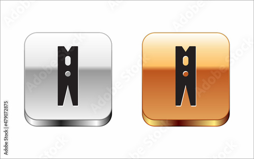 Black Old wood clothes pin icon isolated on white background. Clothes peg. Silver and gold square buttons. Vector