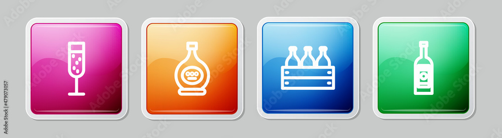 Set line Glass of champagne, Bottle cognac or brandy, Bottles wine in wooden box and bottle vodka. Colorful square button. Vector Set line Glass of champagne, Bottle cognac or brandy, Bottles wine in wooden box and bottle vodka. Colorful square button. Vector