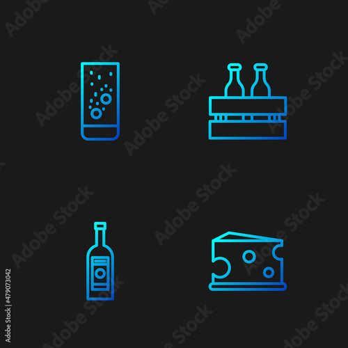 Set line Cheese, Glass bottle of vodka, Effervescent tablets in water and Pack beer bottles. Gradient color icons. Vector