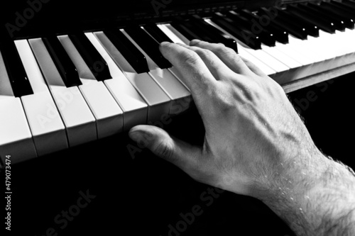 Hand on piano keyboard, in black and white