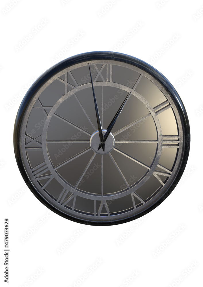 A 3d digital render of a mirrored clock with black hands a little before one.