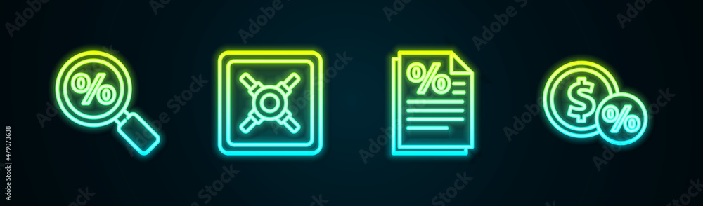 Set line Magnifying glass with percent, Safe, Finance document and Money coin. Glowing neon icon. Vector Set line Magnifying glass with percent, Safe, Finance document and Money coin. Glowing neon icon. Vector