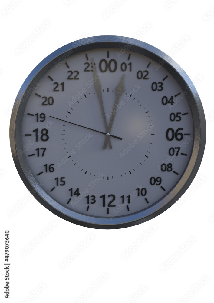 A 3d digital render of a universal clock with hands pointing to just before one. A 3d digital render of a universal clock with hands pointing to just before one.