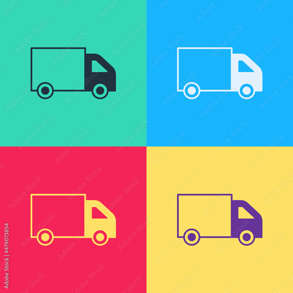 Pop art Delivery cargo truck vehicle icon isolated on color background. Vector Pop art Delivery cargo truck vehicle icon isolated on color background. Vector