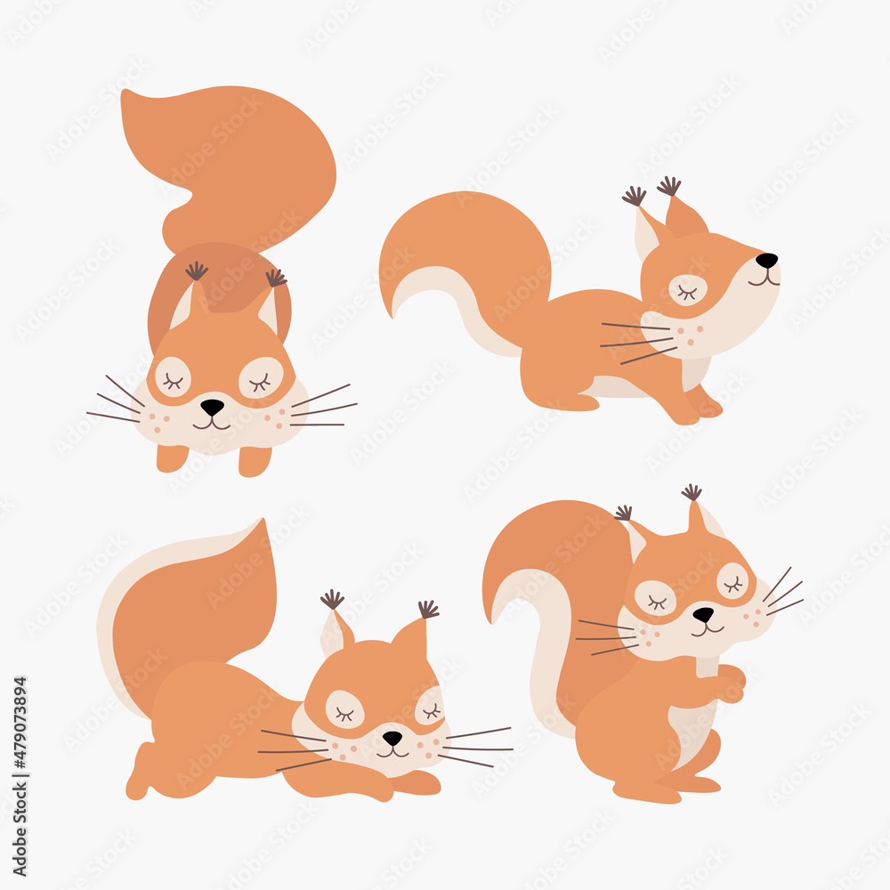 Scandinavian set of cute sleeping little squirrels. Hand drawn vector elements for nursery decoration, baby shower, birthday, children's party, poster, invitation, postcard, kids clothes