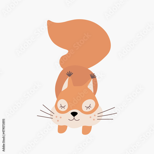 Scandinavian cute sleeping little squirrel. Hand drawn vector element for nursery decoration, baby shower, birthday, children's party, poster, invitation, postcard, kids clothes