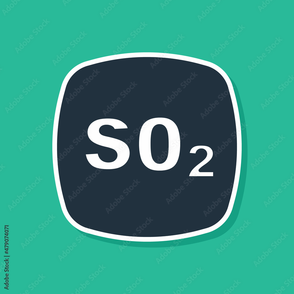 Blue Sulfur dioxide SO2 gas molecule icon isolated on green background. Structural chemical formula and molecule model. Vector Blue Sulfur dioxide SO2 gas molecule icon isolated on green background. Structural chemical formula and molecule model. Vector