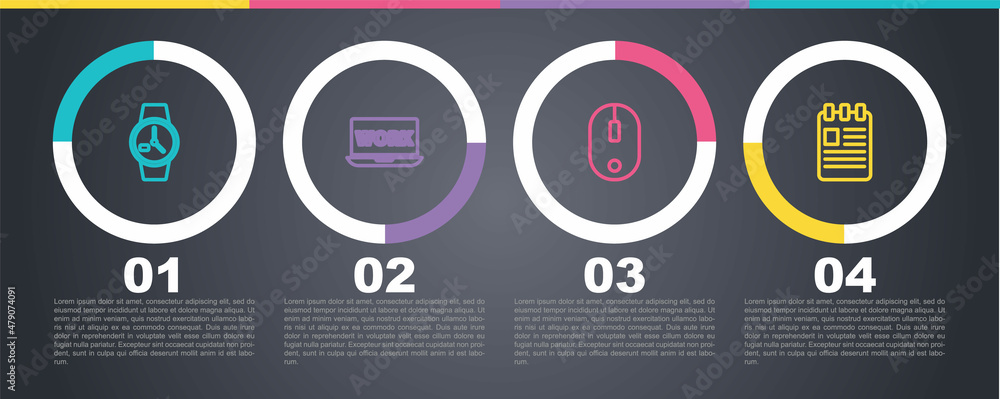 Set line Wrist watch, Laptop with text work, Computer mouse and Spiral notebook. Business infographic template. Vector Set line Wrist watch, Laptop with text work, Computer mouse and Spiral notebook. Business infographic template. Vector