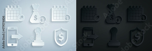 Set Stamp, Financial calendar, Smartphone, mobile phone, Shield with dollar symbol, Money bag and coin and Calendar icon. Vector