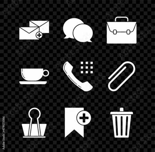 Set Envelope, Speech bubble chat, Briefcase, Binder clip, Bookmark, Trash can, Coffee cup flat and Telephone handset icon. Vector