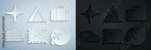 Set Postal stamp and Mountains, Suitcase for travel, Coliseum Rome, Italy, Globe with flying plane, Tourist tent and Wind rose icon. Vector
