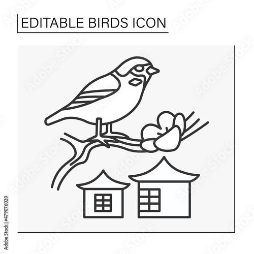  Sparrow line icon. Small chiefly brownish or grayish bird symbol. Japanese culture. Sacred bird. Birds concept. Isolated vector illustration. Editable stroke