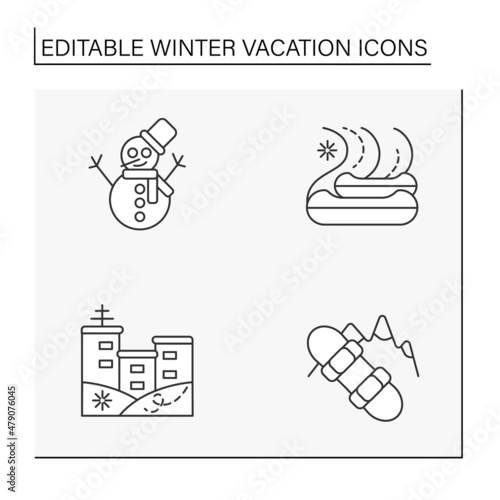Winter vacation line icons set. Snowman, snowboard. Christmas presents. Special date. Celebration concept. Isolated vector illustration. Editable stroke