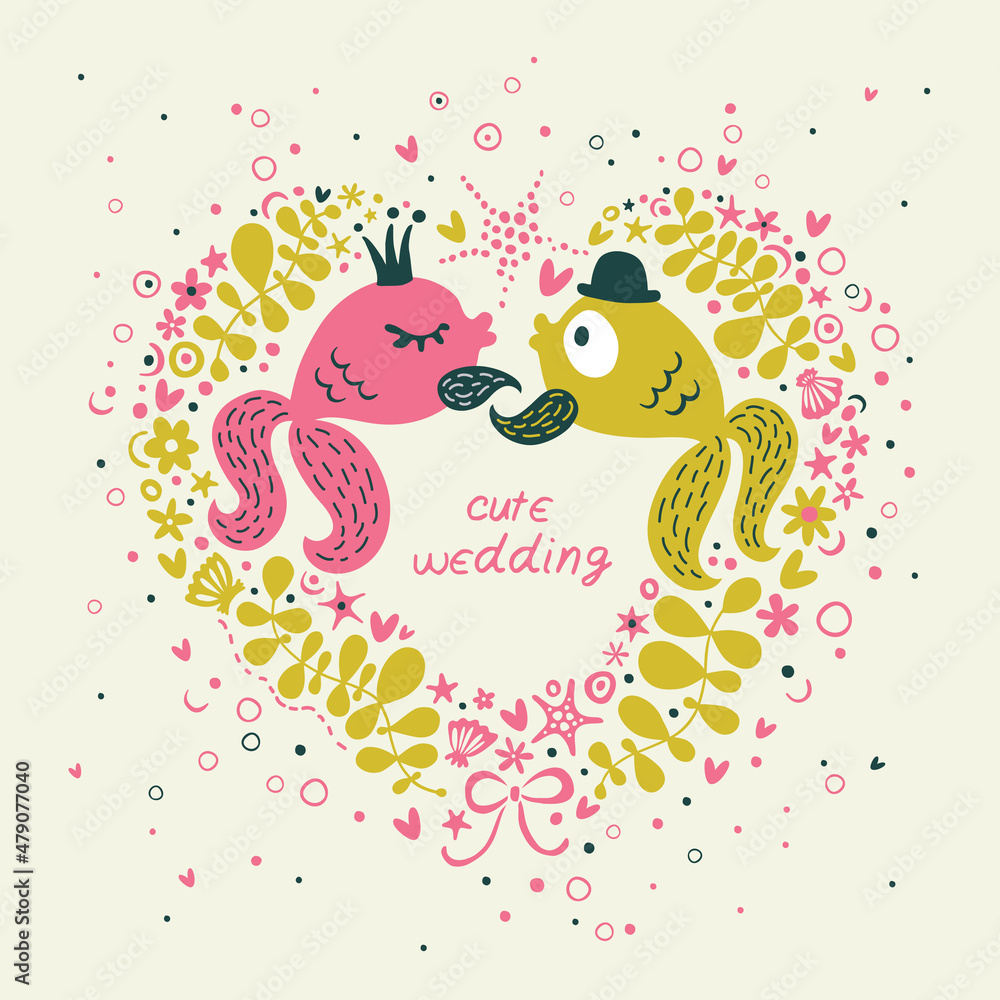 My love. Cute postcard or print with fish and heart. My love. Cute postcard or print with fish and heart.