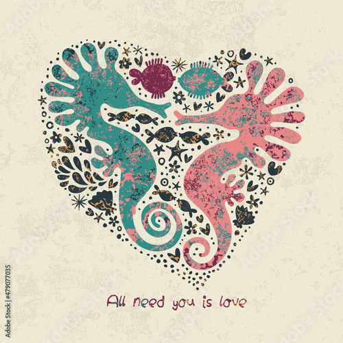 Romantic postcard. Cute sea horses and fish.