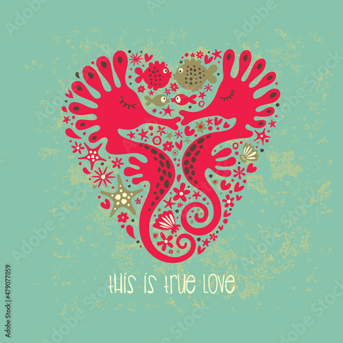 Romantic postcard. Cute sea horses and fish.