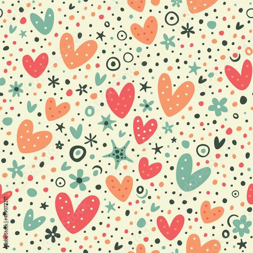 Funny hearts. Seamless vector pattern for your design. Great for Baby, Valentine's Day, Mother's Day, wedding, scrapbook, surface textures.