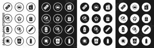 Set Bio fuel canister, Plant in hand of environmental protection, Planet earth recycling, Stop ocean plastic pollution, Plastic bag with recycle, Battery symbol, and Recycle bin icon. Vector