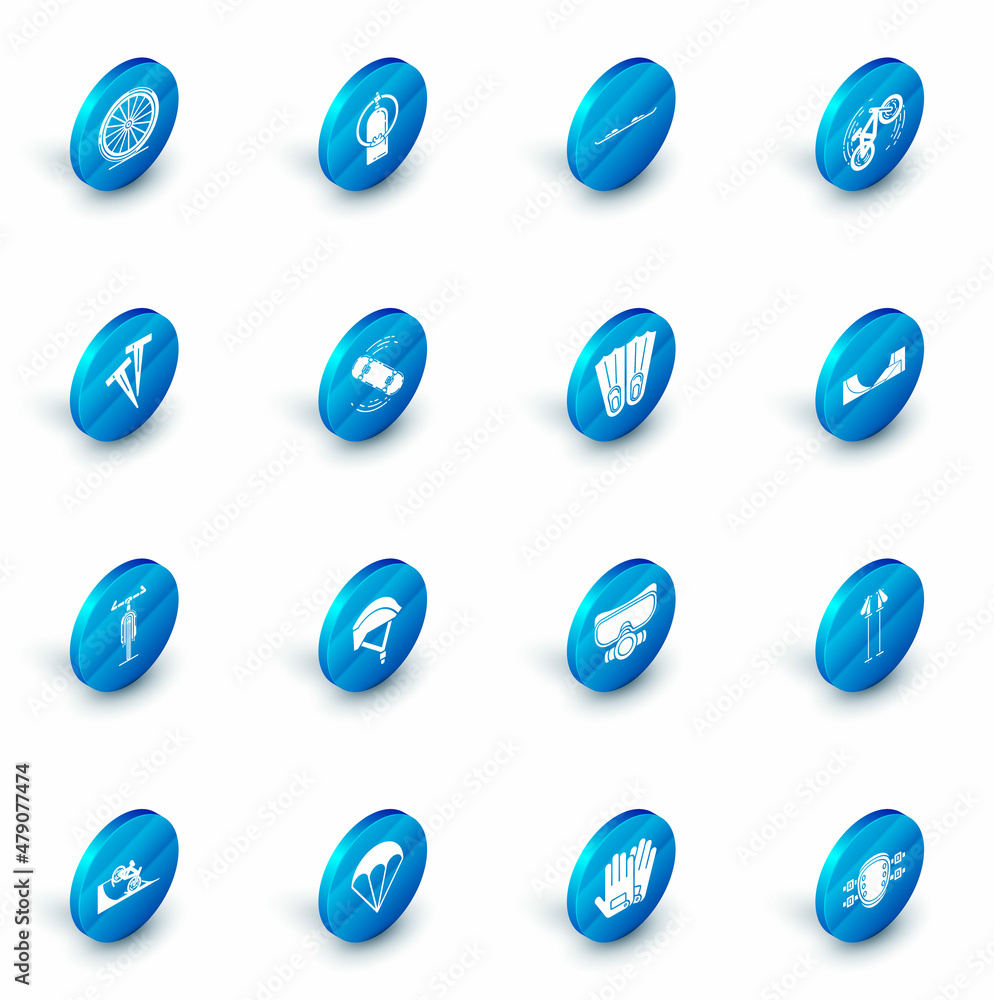 Set Aqualung, Snowboard, Bicycle trick, Pegs for tents, Skateboard, park and Rubber flippers swimming icon. Vector Set Aqualung, Snowboard, Bicycle trick, Pegs for tents, Skateboard, park and Rubber flippers swimming icon. Vector