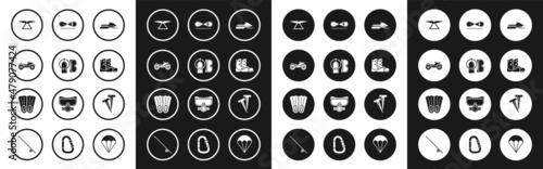 Set Snowmobile, Diving mask and aqualung, All Terrain Vehicle or ATV motorcycle, Hang glider, Boots, Skateboard trick, Pegs for tents and Rubber flippers swimming icon. Vector
