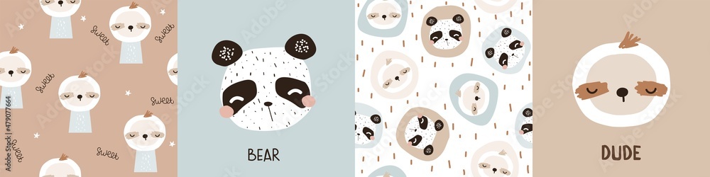 Fototapeta premium Set of cute seamless patterns and posters with panda and sloth. Childish graphic. Vector hand drawn illustration.. 