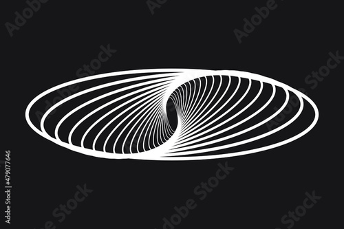Abstract white spirograph tunnel rotates oval logo on black background. Vector illustration.