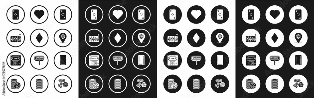Set Playing card with spades symbol, diamonds, Slot machine lucky sevens jackpot, Casino location, heart, back and Online poker table game icon. Vector Set Playing card with spades symbol, diamonds, Slot machine lucky sevens jackpot, Casino location, heart, back and Online poker table game icon. Vector