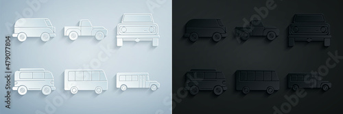 Set Bus, Off road car, Retro minivan, School, Pickup truck and icon. Vector