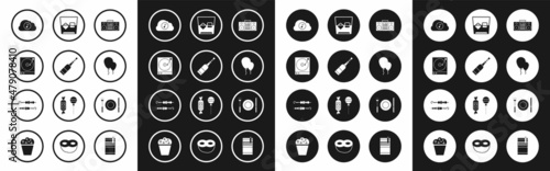 Set Home stereo with two speakers, Vinyl player vinyl disk, Music streaming service, Balloons ribbon, Glass of whiskey and cubes, Plate, fork knife and Grilled shish kebab icon. Vector