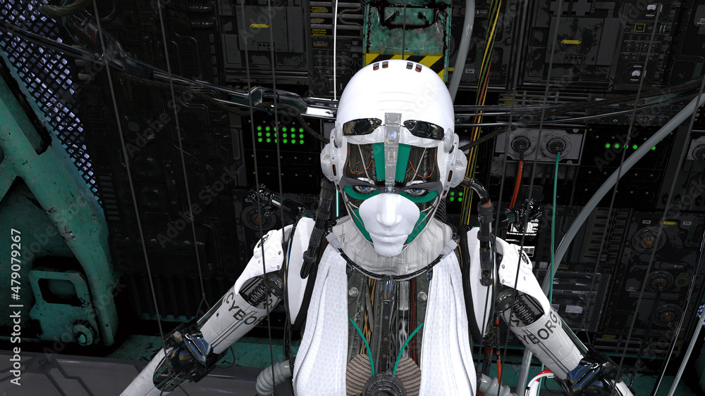 A robot in the charging station. Template for your stories, novels, posters, wallpapers, book, CD cover etc. 3D rendering-illustration.