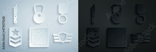 Set Military ammunition box, reward medal, Chevron, Kettlebell and knife icon. Vector