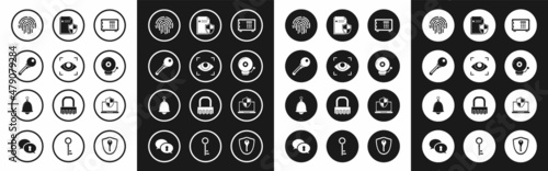 Set Safe, Eye scan, Key, Fingerprint, Ringing alarm bell, Document protection concept, Laptop protected with shield and icon. Vector