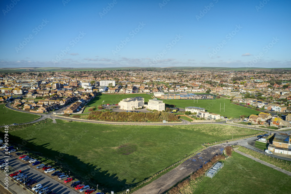 Aerial view of Seaford on the coastline of East Sussex in England and Martello Fields near the seafront.