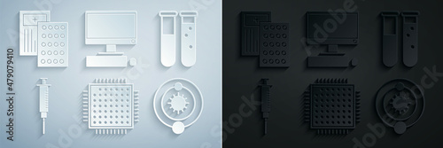 Fototapeta Set Processor, Test tube and flask chemical laboratory, Syringe, Solar system, Computer monitor with keyboard mouse and Pills blister pack icon