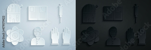 Set Assistant, Syringe, Atom, Rubber gloves, Open book and Astronomical observatory icon. Vector