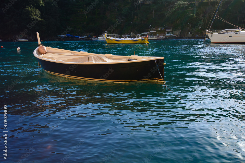 Barca a remi in rada in un porticciolo (Liguria, Italia)