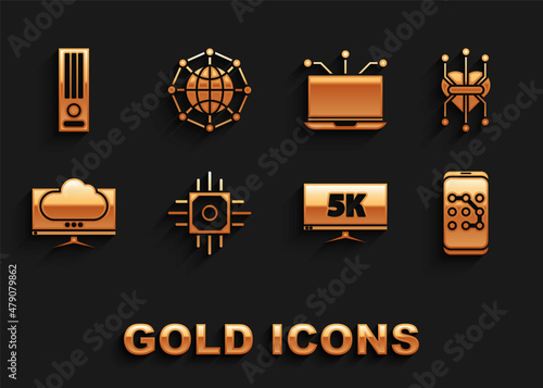Set Processor, Mobile and graphic password protection, Monitor display with 5k video, Computer monitor screen, Laptop, Video game console and Global technology social network icon. Vector
