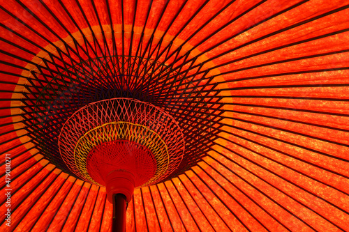 Close up photo of a bright red traditional Japanese garden sunshade umbrella