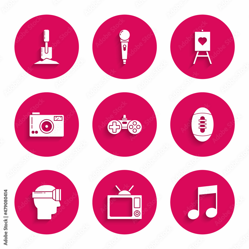 Set Gamepad, Television, Music note, tone, American Football ball, Virtual reality glasses, Photo camera, Wood easel or painting art boards and Shovel the ground icon. Vector Set Gamepad, Television, Music note, tone, American Football ball, Virtual reality glasses, Photo camera, Wood easel or painting art boards and Shovel the ground icon. Vector