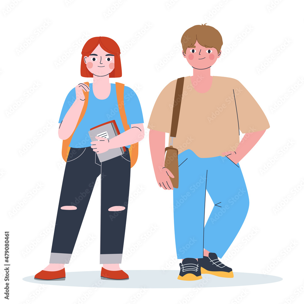 Two teen kids standing together. Couple of boy and girl. Portrait of school children with backpacks. Flat vector illustration of schoolboy and schoolgirl isolated on white background Two teen kids standing together. Couple of boy and girl. Portrait of school children with backpacks. Flat vector illustration of schoolboy and schoolgirl isolated on white background