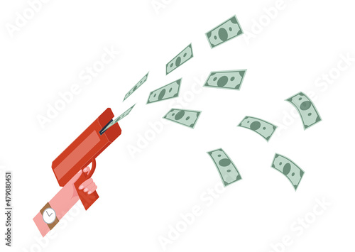 Money gun, shoot your toy gun with money. Cash register flat vector illustration.