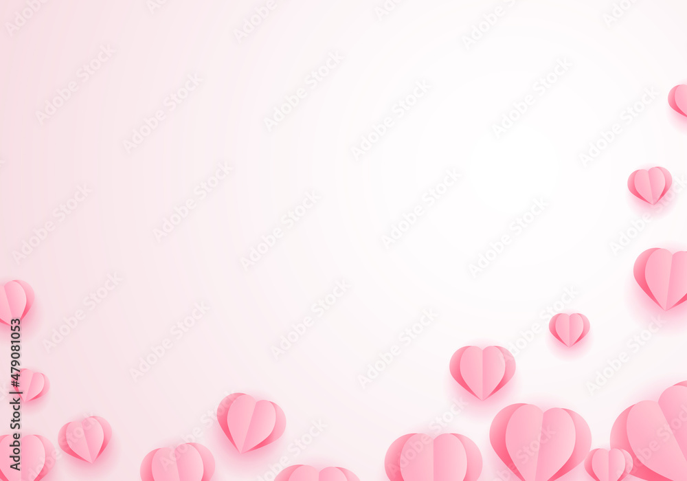 Valentine's Day Greeting Card with Pink Paper Elements in Shape of Heart Flying on Pink Background. Vector Symbols of Love for Happy Women's, Mother's, Valentine's Day, Birthday Design Romantic Banner
