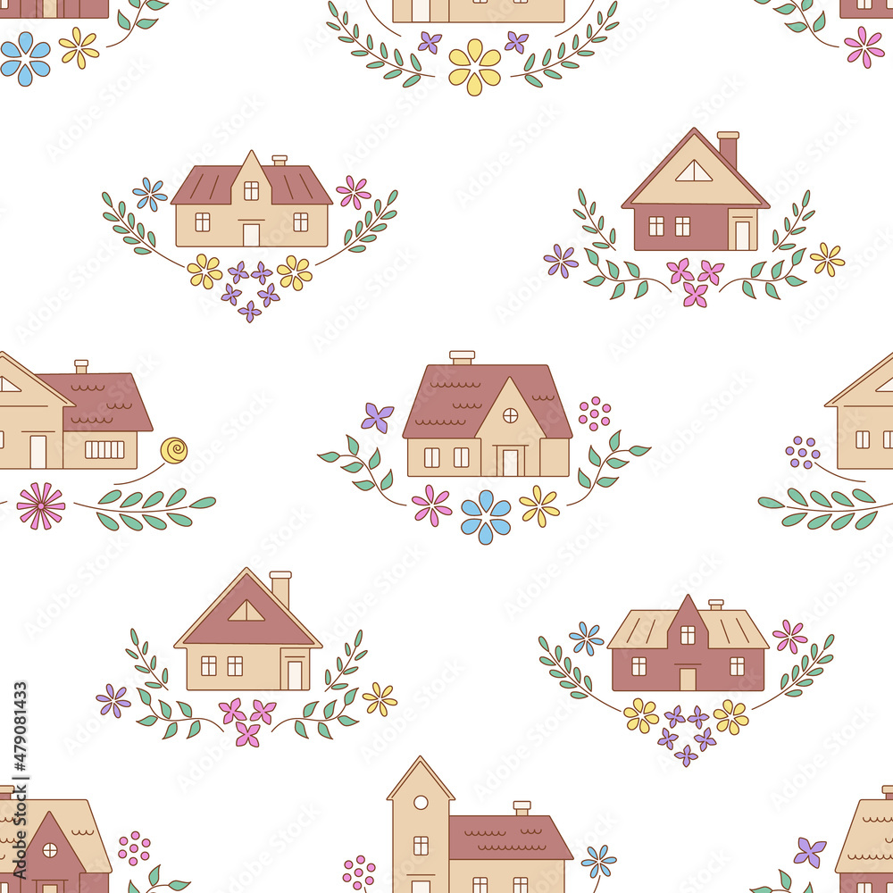 Seamless pattern with country houses decorated with floral ornaments on the white background. Vector color illustration in in the outline style.	