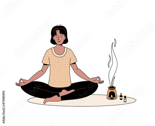 Woman practices yoga sitting on the Saddhasana and enjoys the smell of aroma oil. Vector color illustration in outline style	