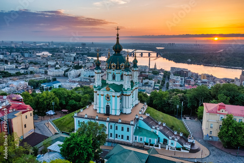 Aerial view of St. Andrew s Church during dawn  one of the most famous sights of the city of Kiev. Cityscape concept  tourism  vacation  travel