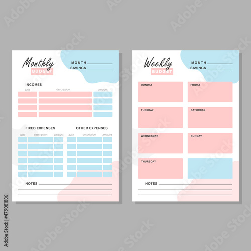 Monthly and weekly budget planner. Finance planner template with pink and blue abstract details. Vector illustration.