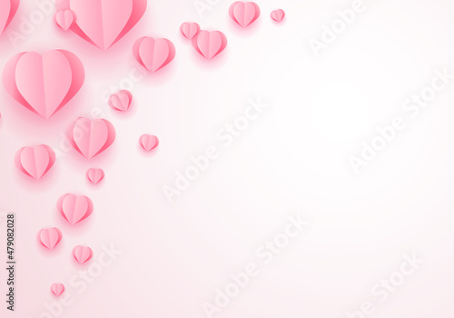 Fototapeta Naklejka Na Ścianę i Meble -  Valentine's Day Greeting Card with Pink Paper Elements in Shape of Heart Flying on Pink Background. Vector Symbols of Love for Happy Women's, Mother's, Valentine's Day, Birthday Design Romantic Banner
